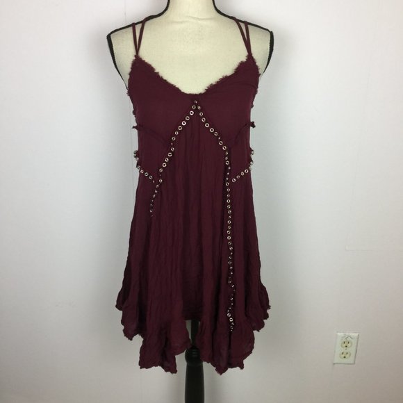 Free People Slip Dress Sz M Red Burgundy Trapeze V-Neck Studded Cross Ba… - Picture 1 of 16